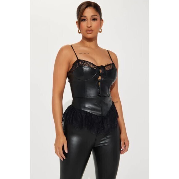 Faux Leather with ruffle‎ lace Trim Top Black Size M Ref100 - Picture 1 of 8